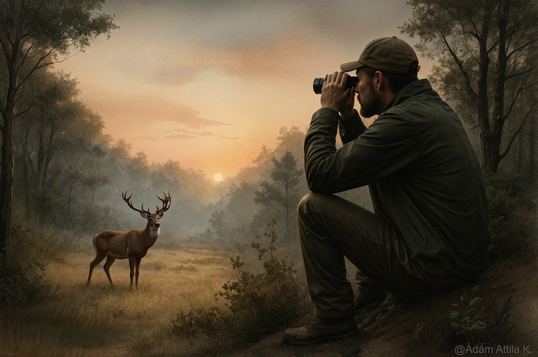 Forest Dawn Scene with Man Observing Stag