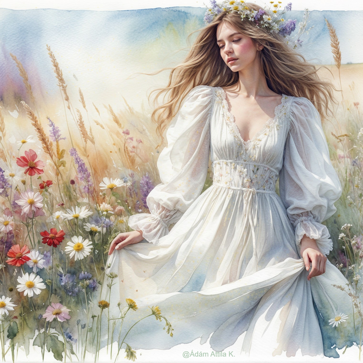 Young Woman in White Dress in Wildflower Field