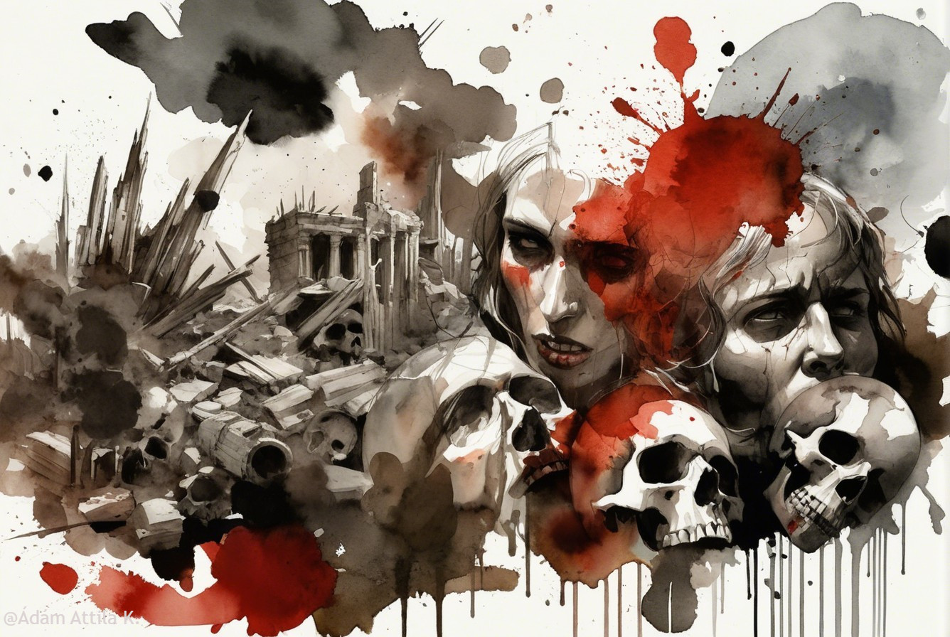 Haunting Illustration of Distressed Faces and Ruins