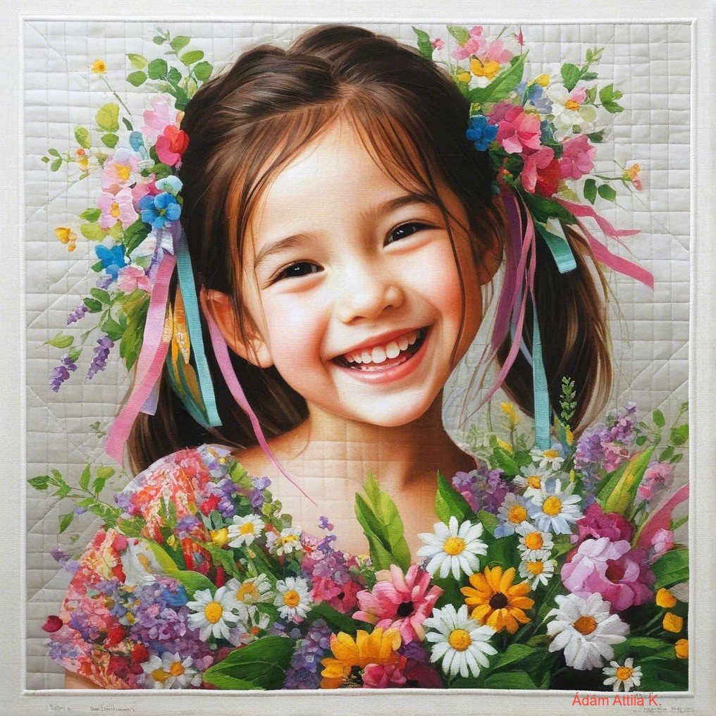 Young girl with bright smile and colorful flowers