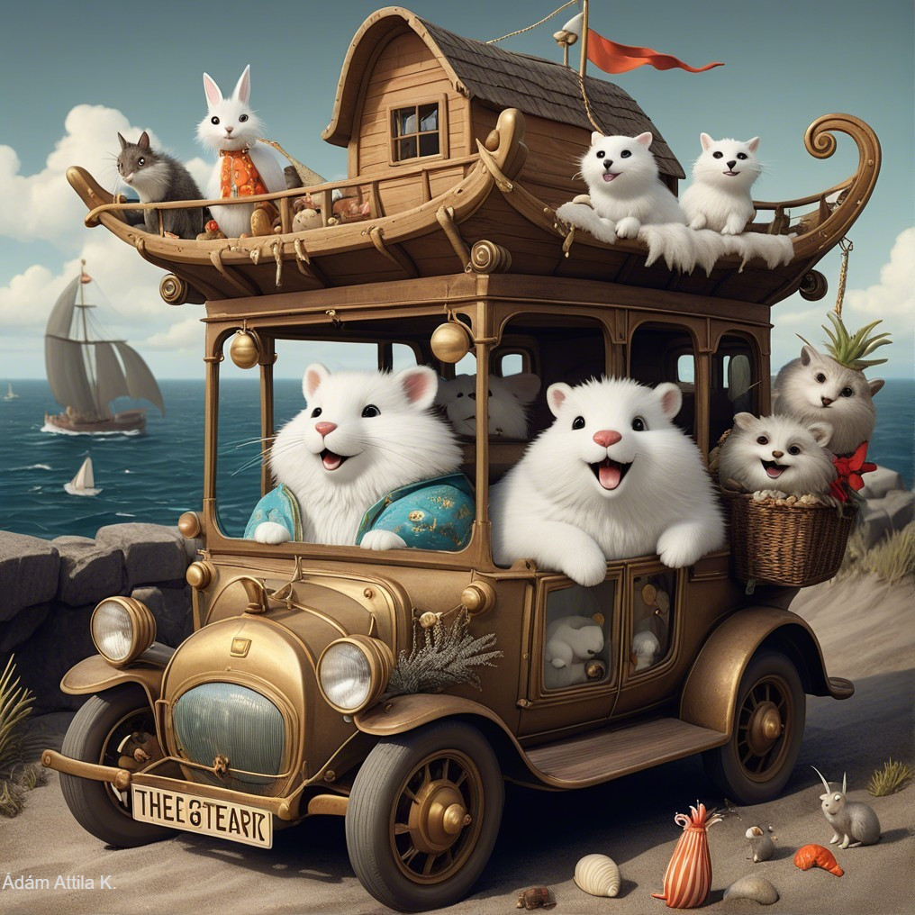 Vintage Vehicle with Cheerful Animals by the Shoreline