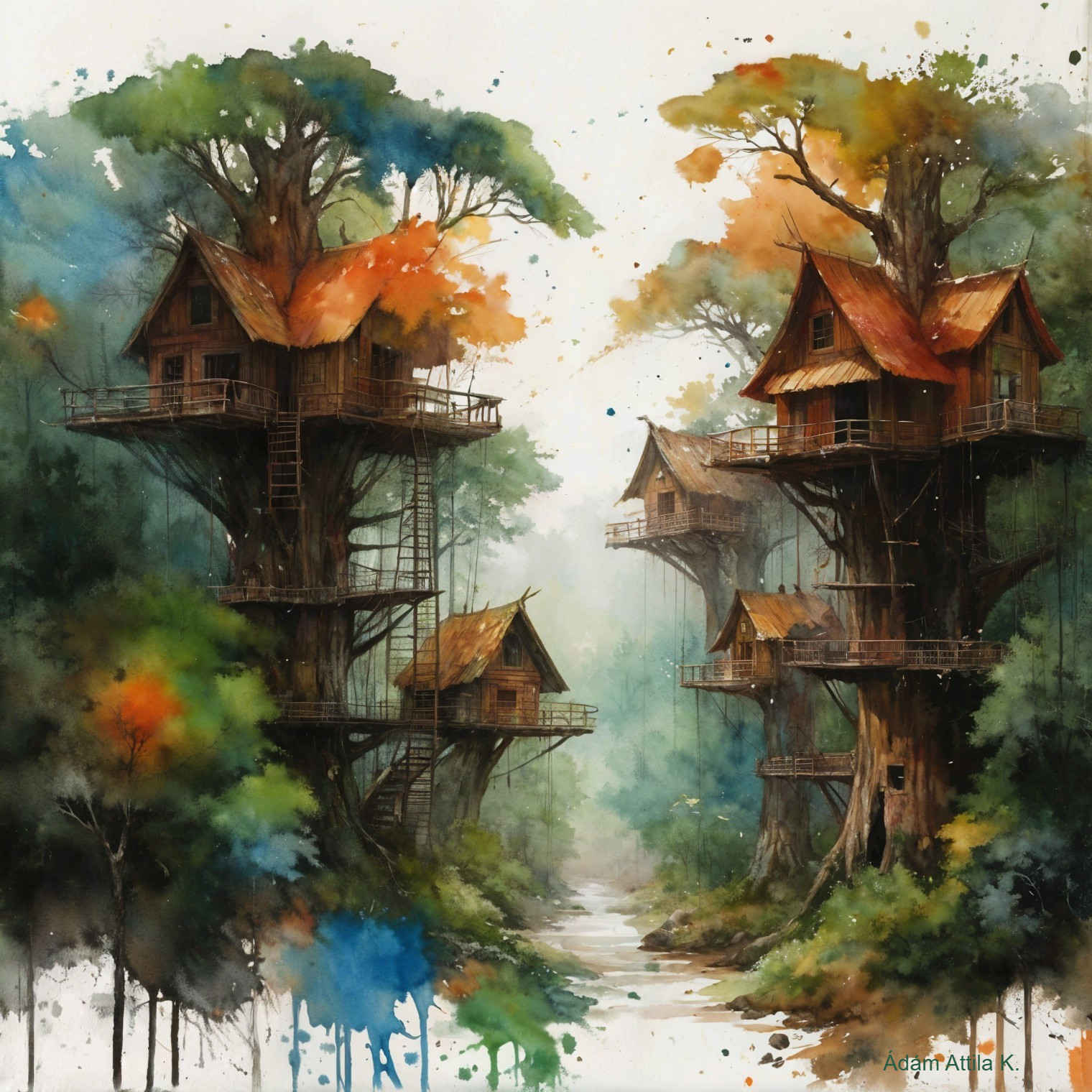 Whimsical Treehouses in Autumn Misty Landscape