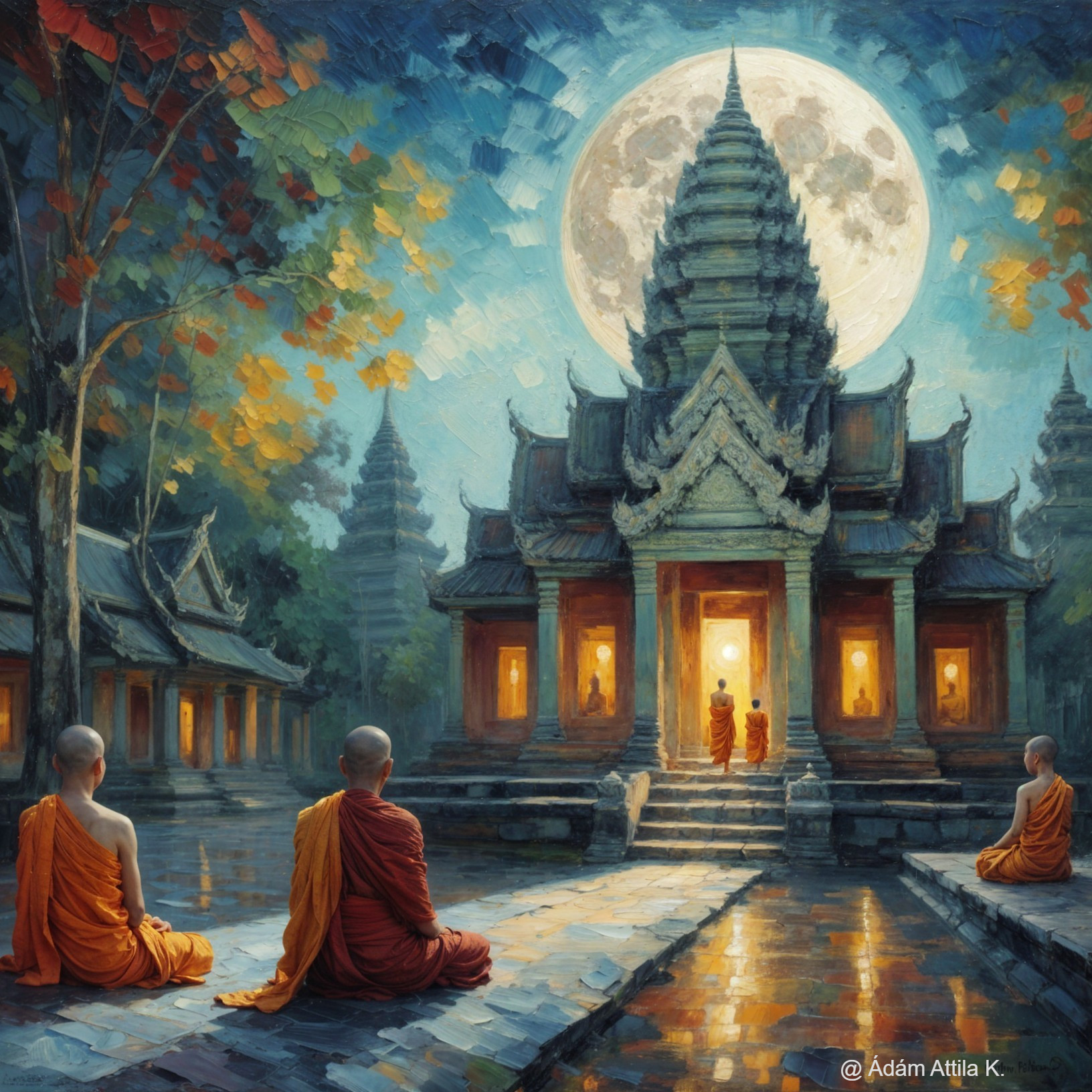 Monks in a Serene Temple Under a Full Moon