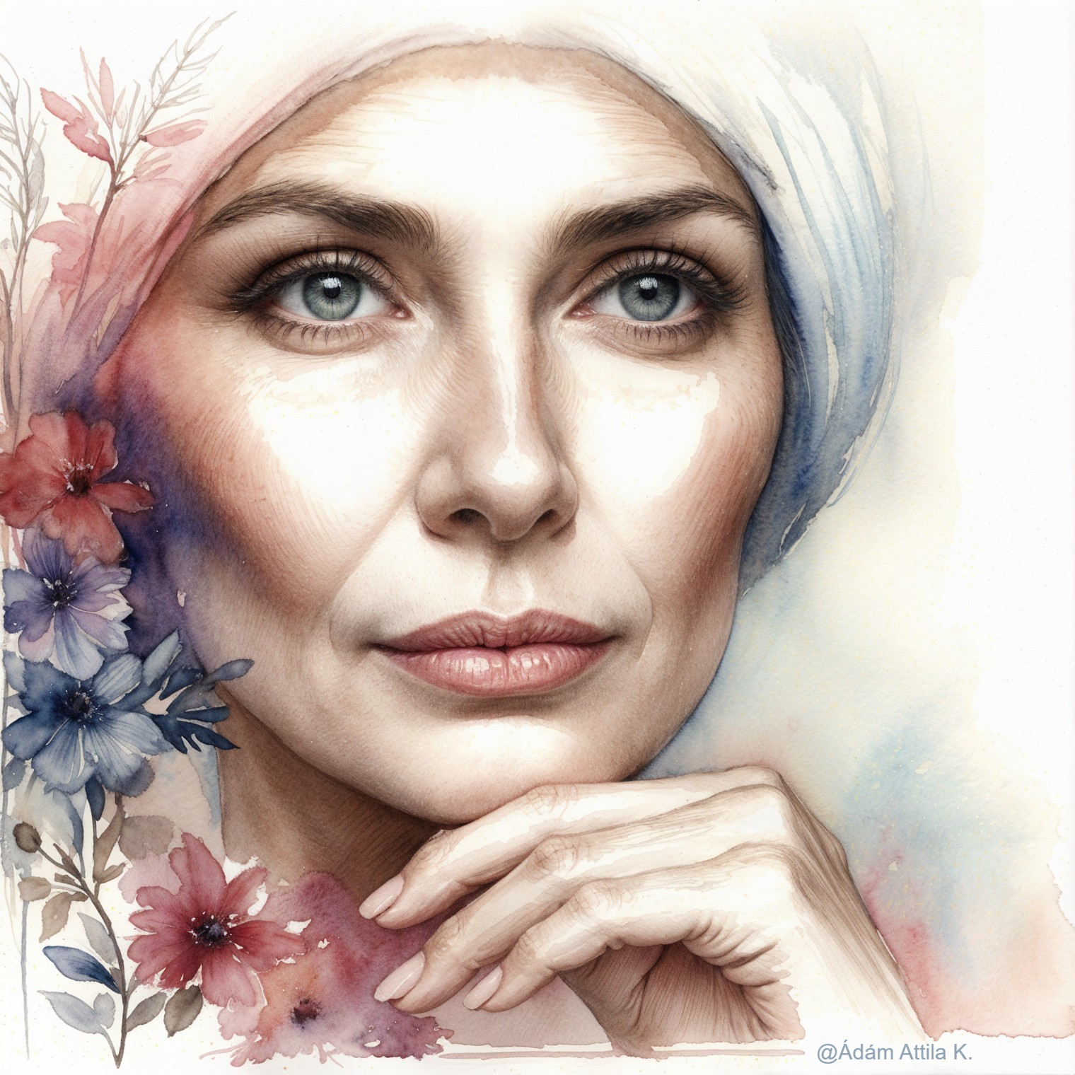 Serene Portrait of Woman with Blue Eyes and Flowers