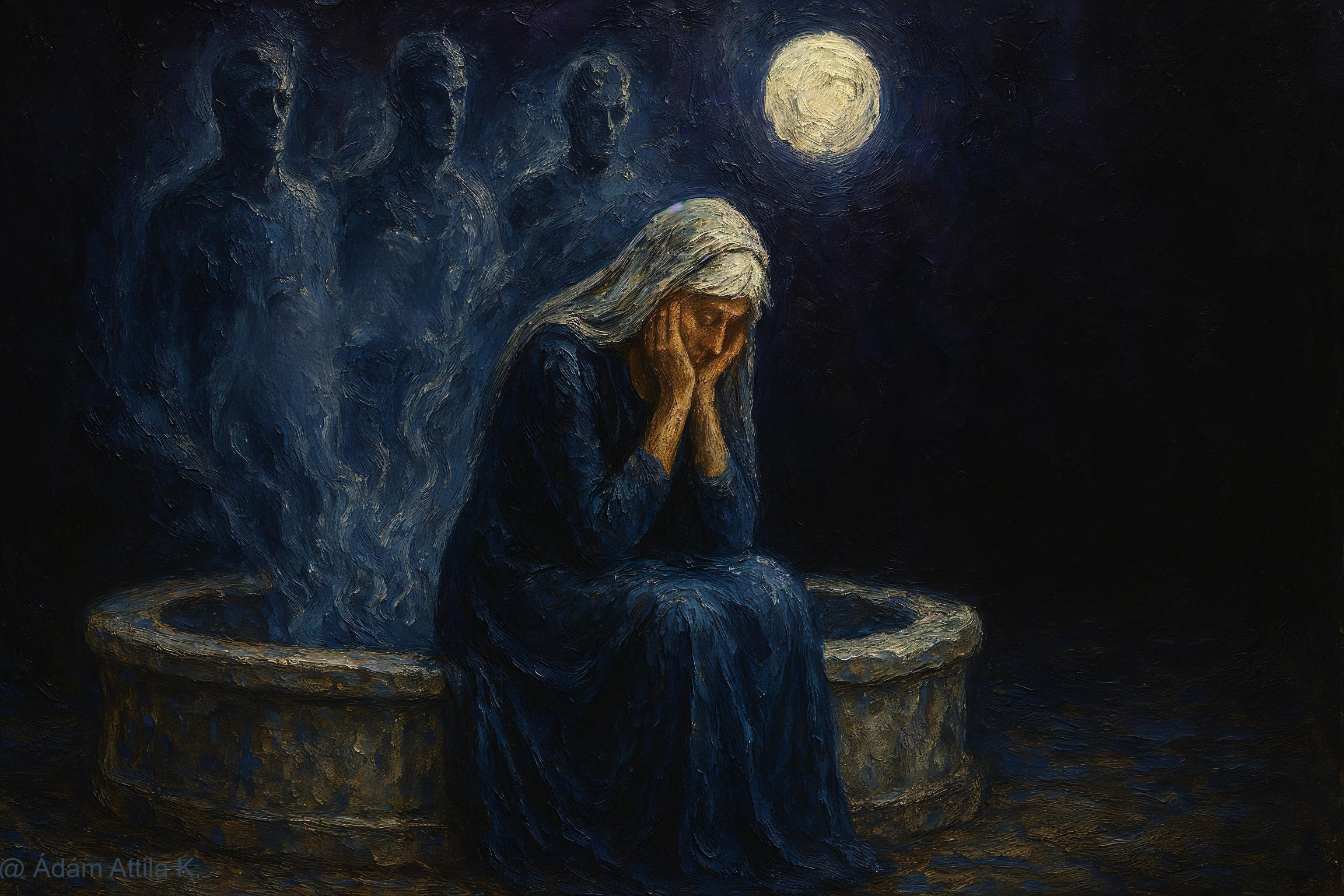 Moonlit Scene with Sorrowful Figure and Ghostly Silhouettes