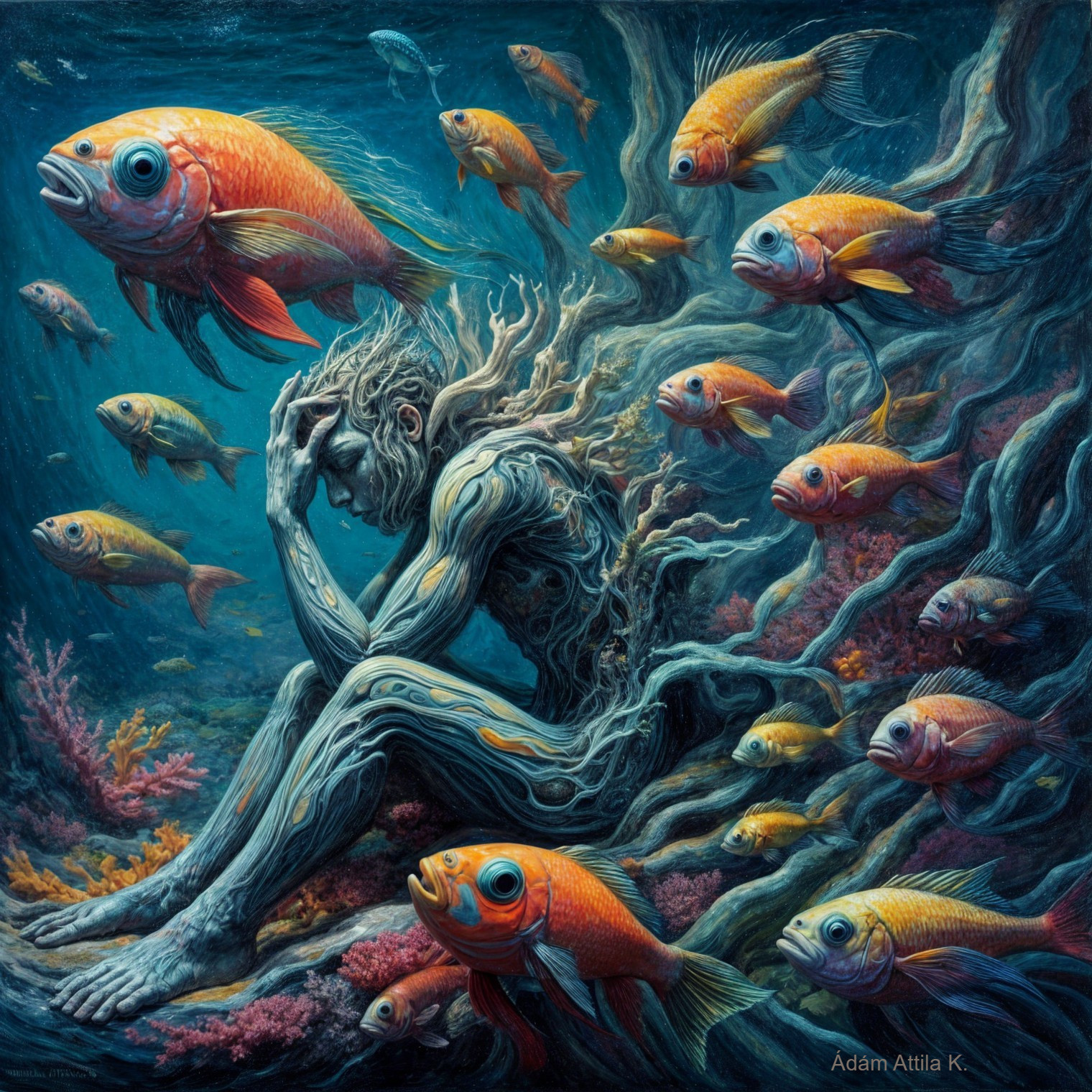 Underwater Figure Surrounded by Goldfish and Coral