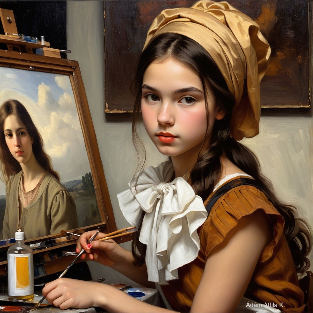 Young girl painting self-portrait at an easel