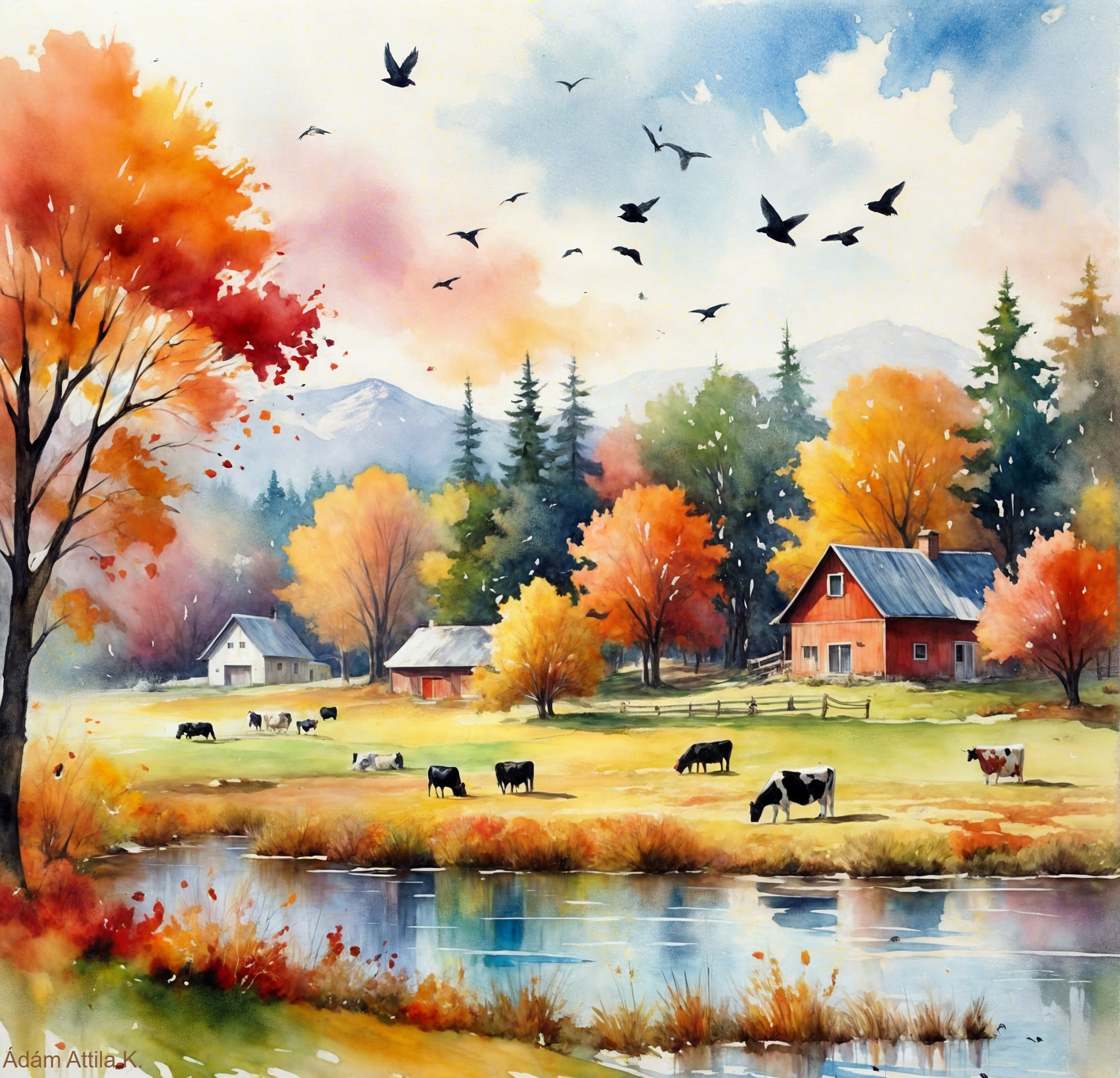 Autumn Landscape with Trees, Farm, and River Scene