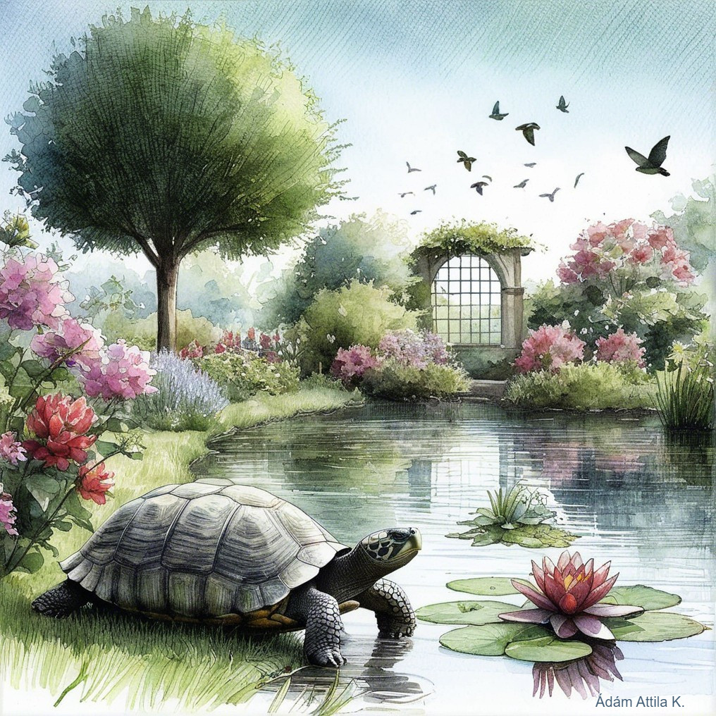 Tranquil Garden with Pond, Turtle, and Vibrant Flowers