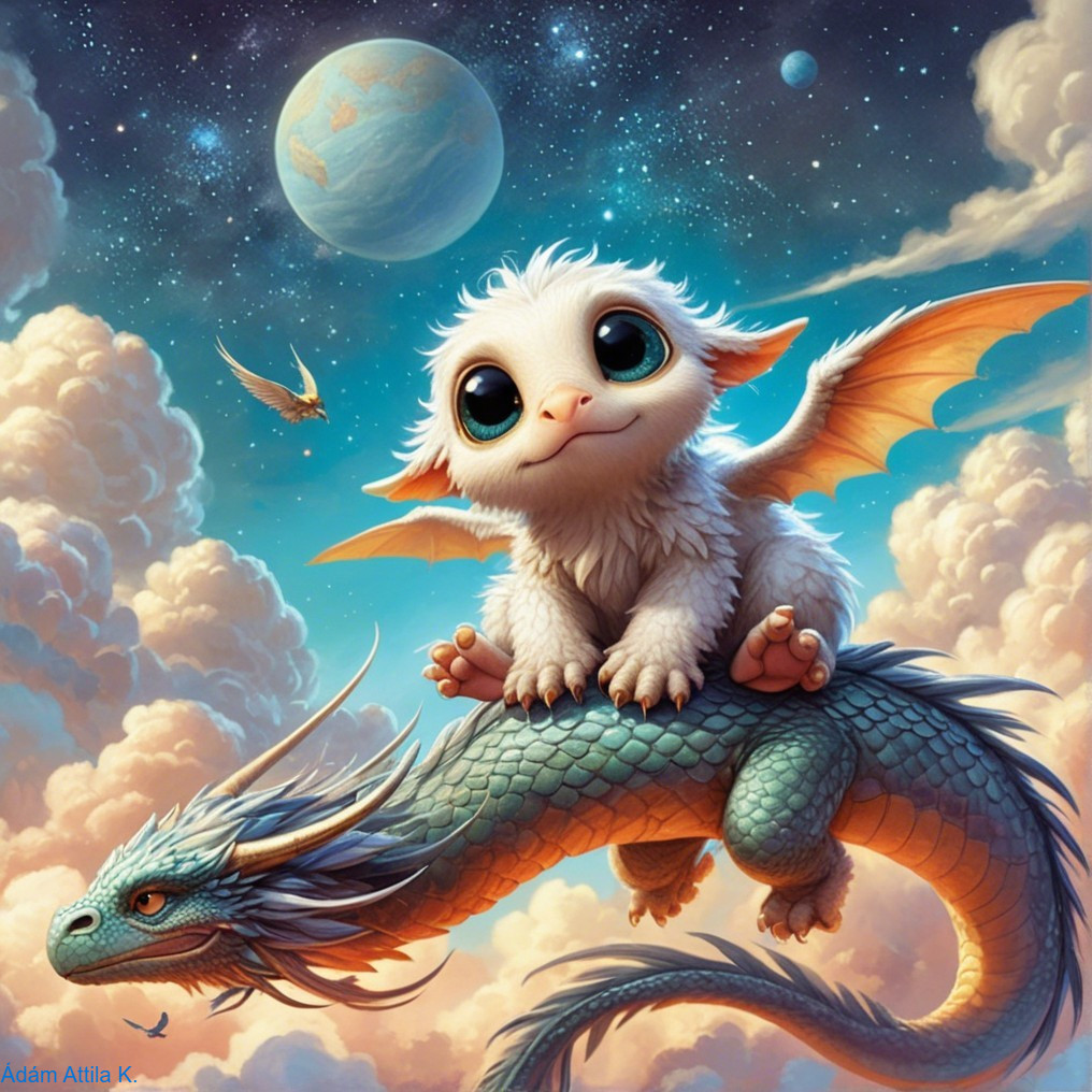 Fluffy Creature on Majestic Dragon in Whimsical Sky