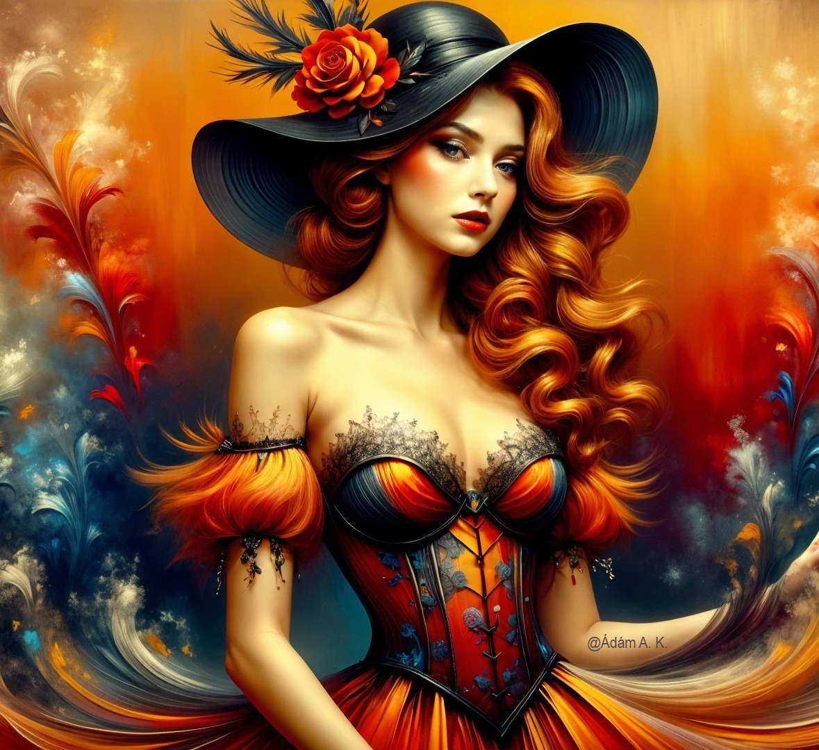 Striking Woman with Red Hair and Ornate Corset