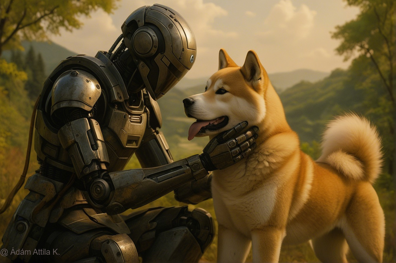 Futuristic Robot and Shiba Inu in Serene Landscape