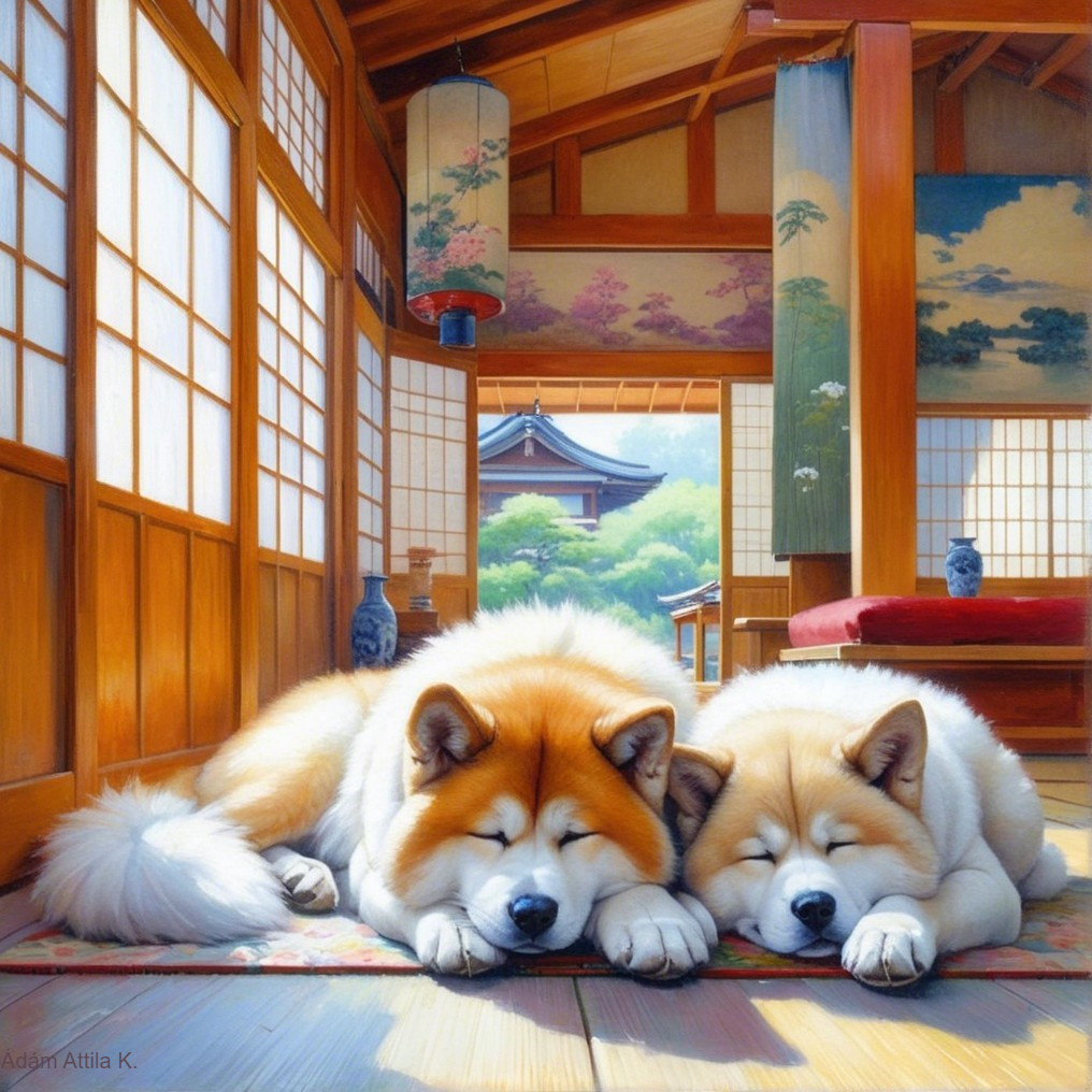 Akita Dogs Sleeping in a Serene Japanese Room