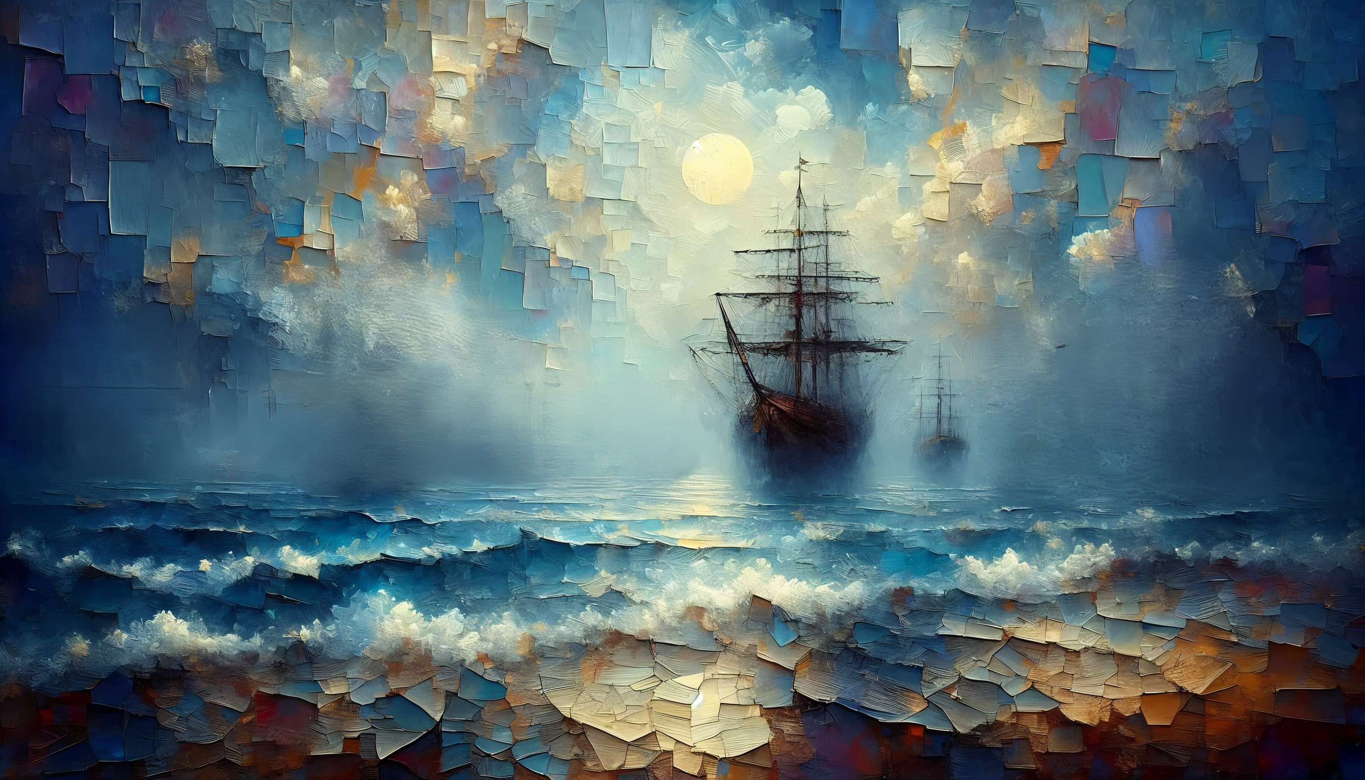 Whimsical Maritime Scene with Moonlit Ships and Waves