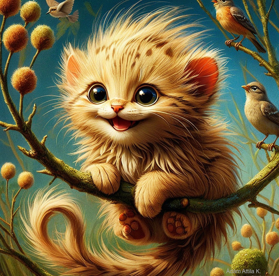 Fluffy Kitten on Branch Surrounded by Vibrant Greenery