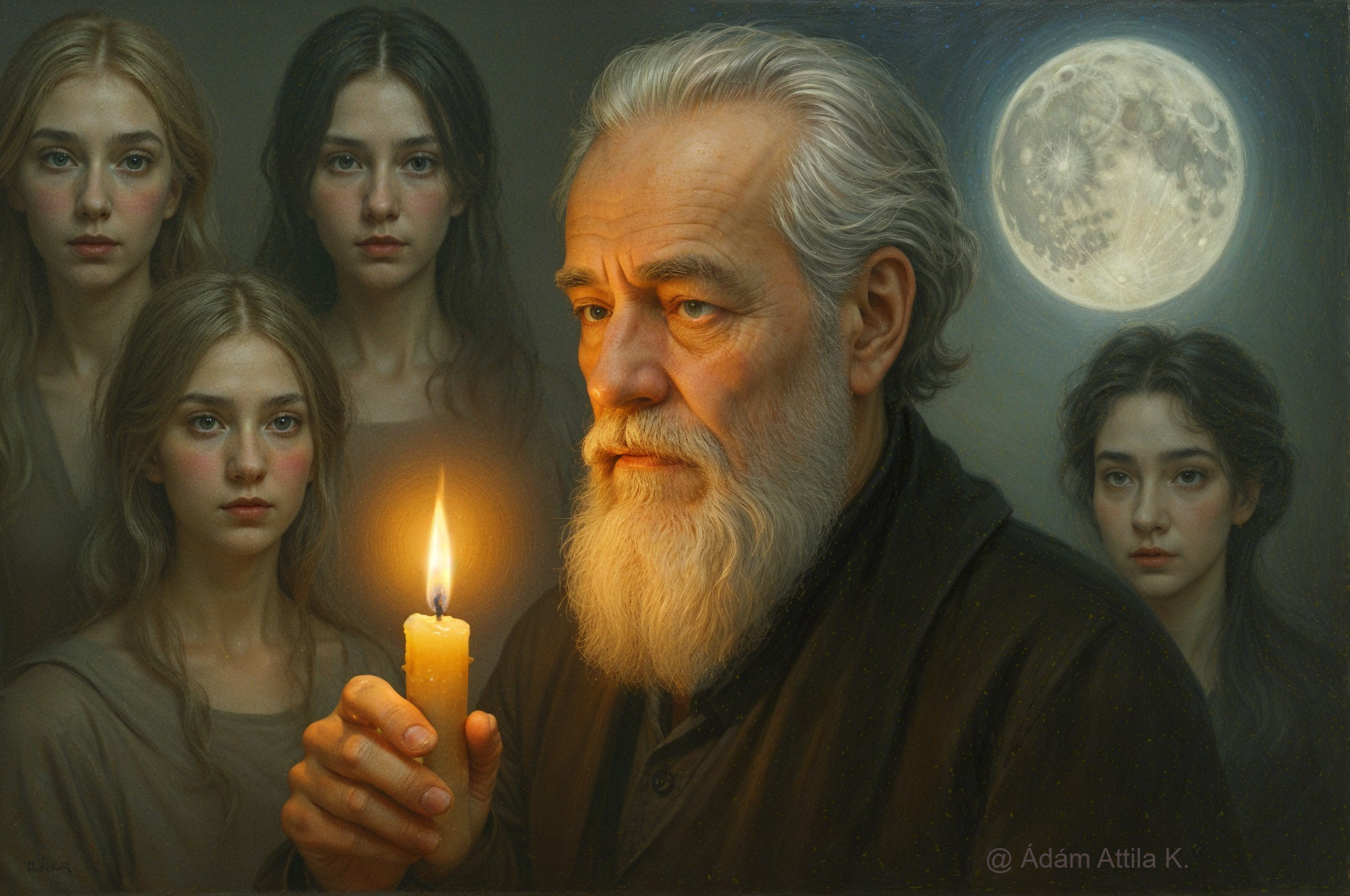 Elderly Man with Candle Surrounded by Young Women