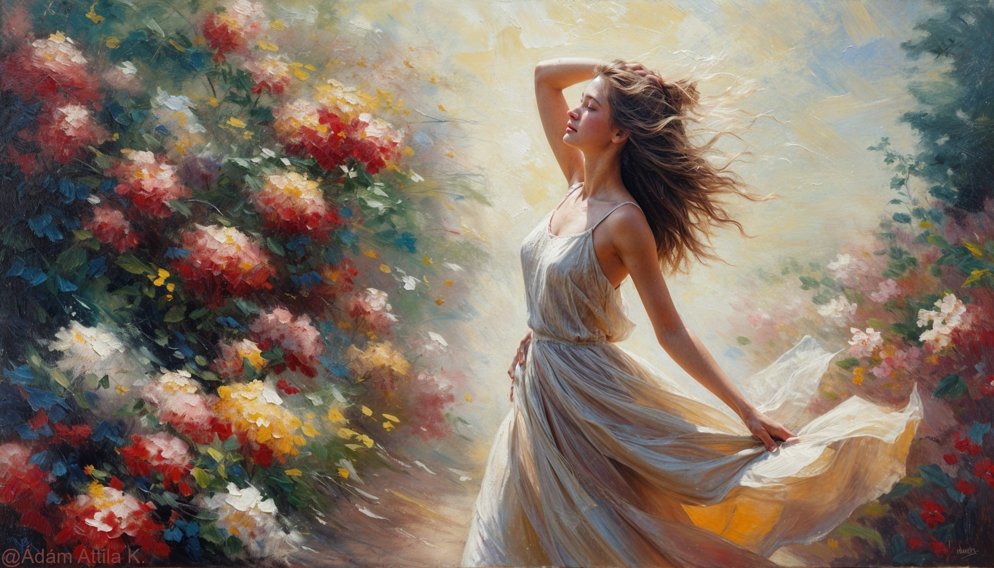 Young Woman in Floral Garden with Dreamlike Atmosphere