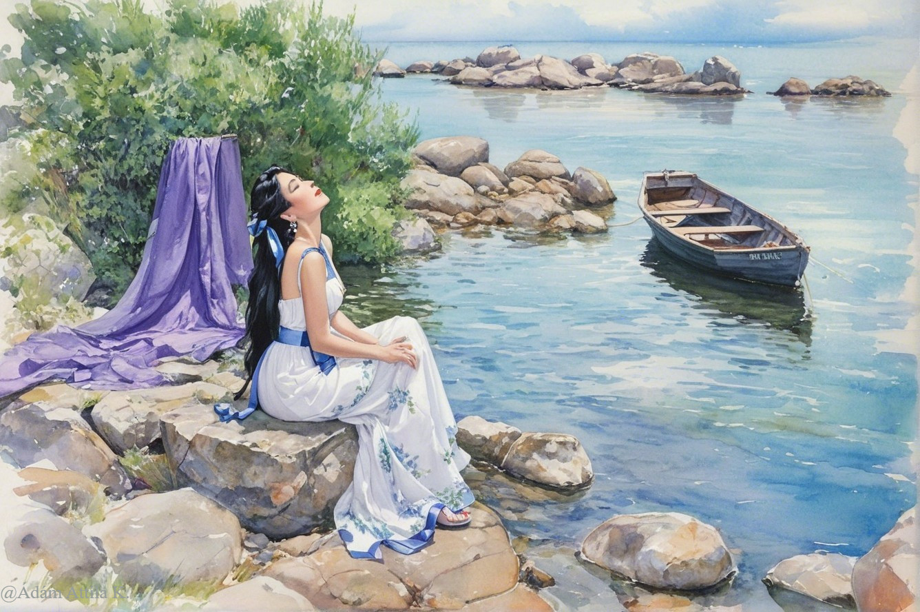 Young Woman in White Dress by Calm Turquoise Water