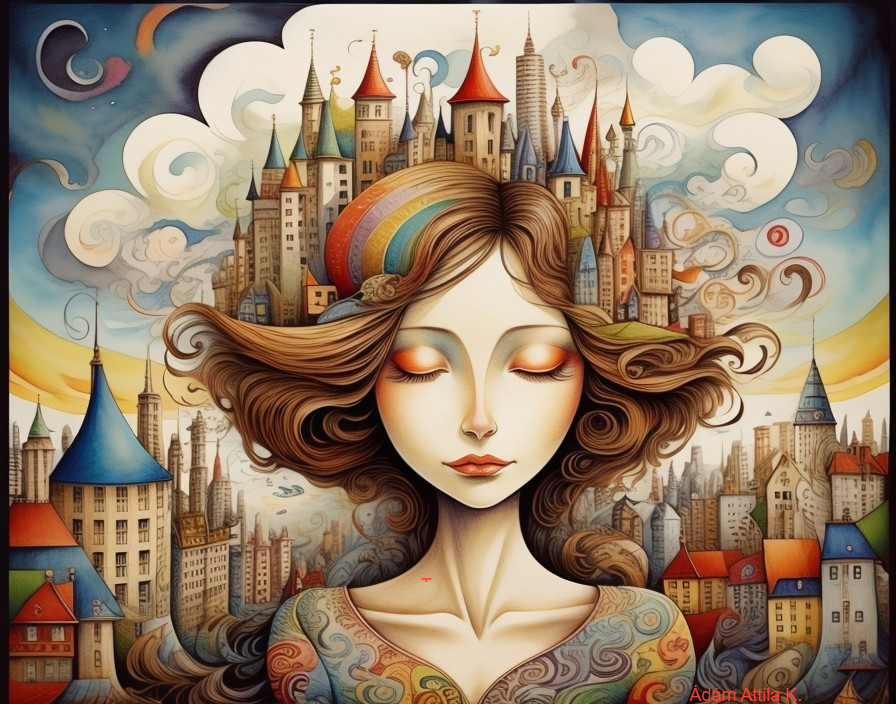 Surreal Woman Merging with Whimsical Cityscape