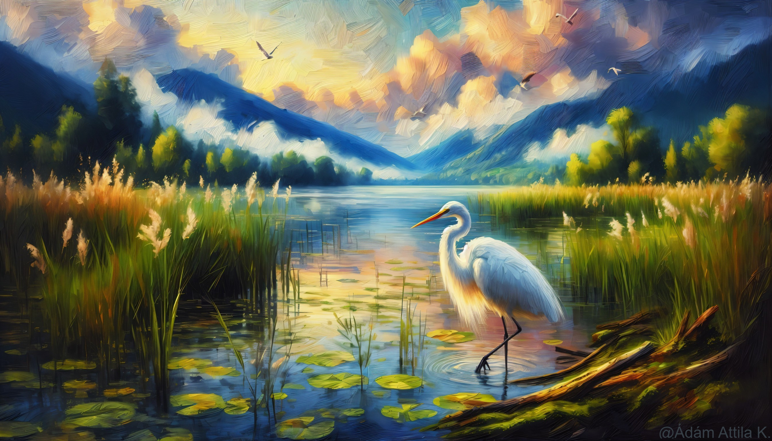 Tranquil Lake Landscape with Wildlife at Sunset