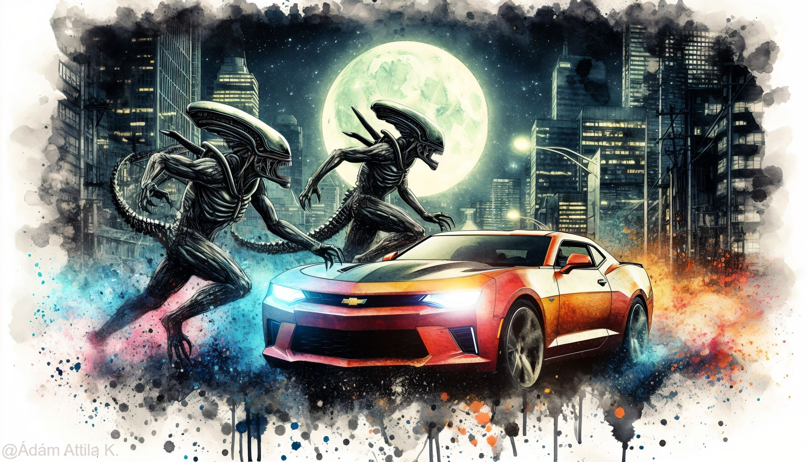 Alien Creatures and Camaro in Urban Night Scene