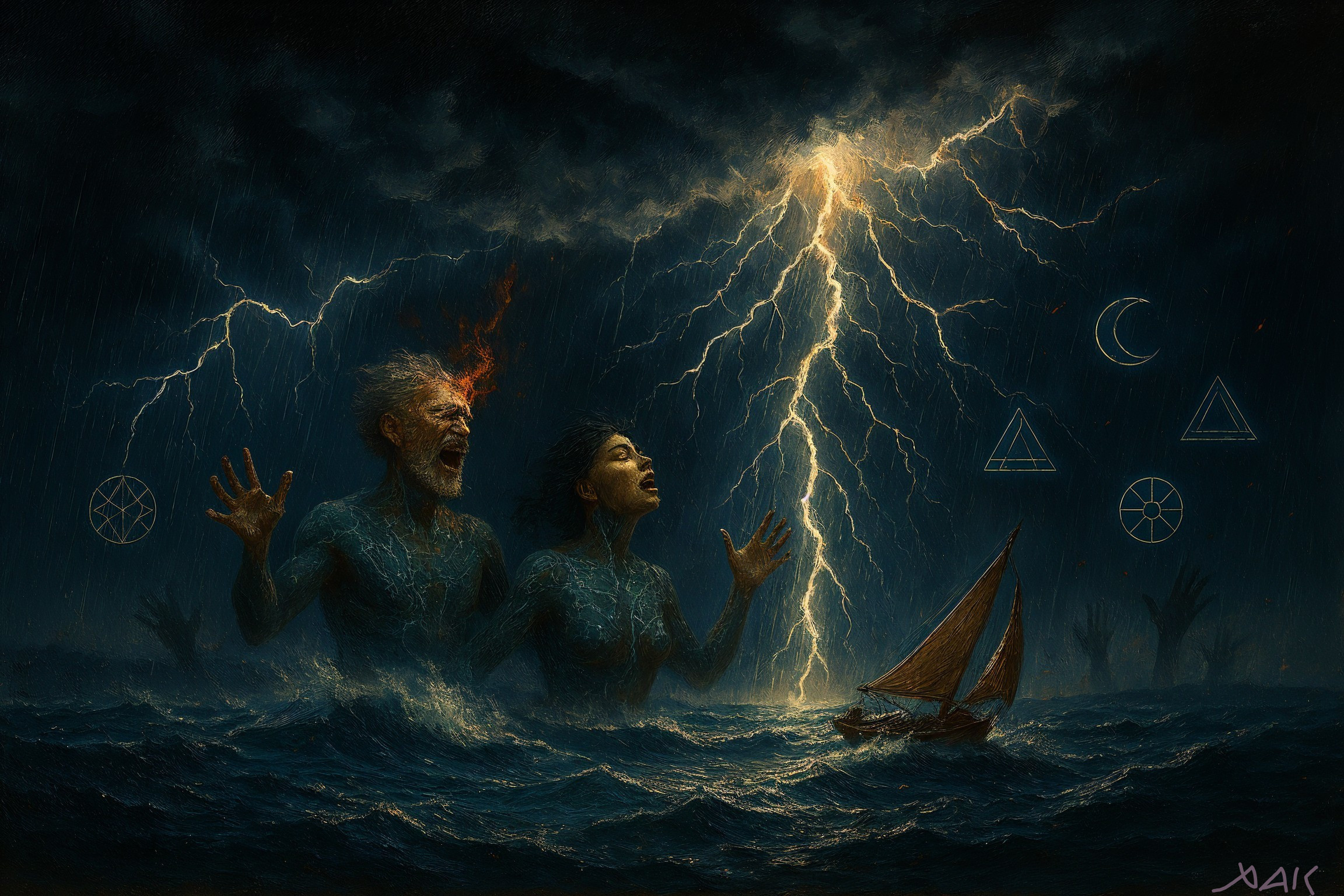 Dramatic scene of figures in stormy waves with symbols