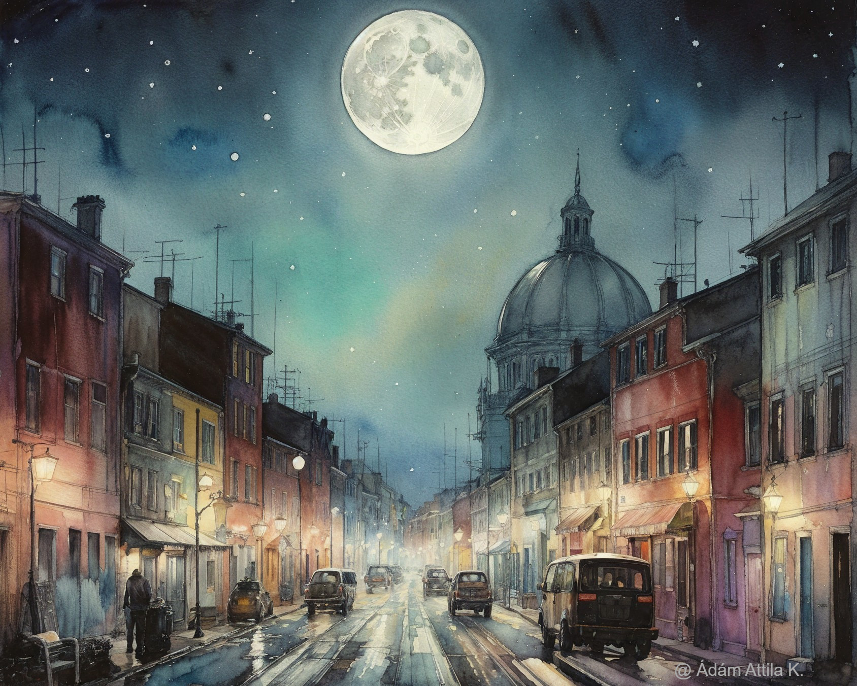 Nighttime Street Scene with Moonlit Buildings and Snow
