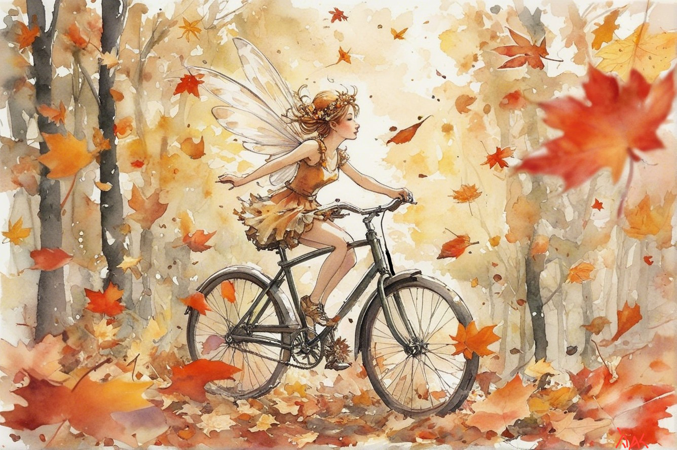 Fairy on Bicycle in Autumn Forest Scene