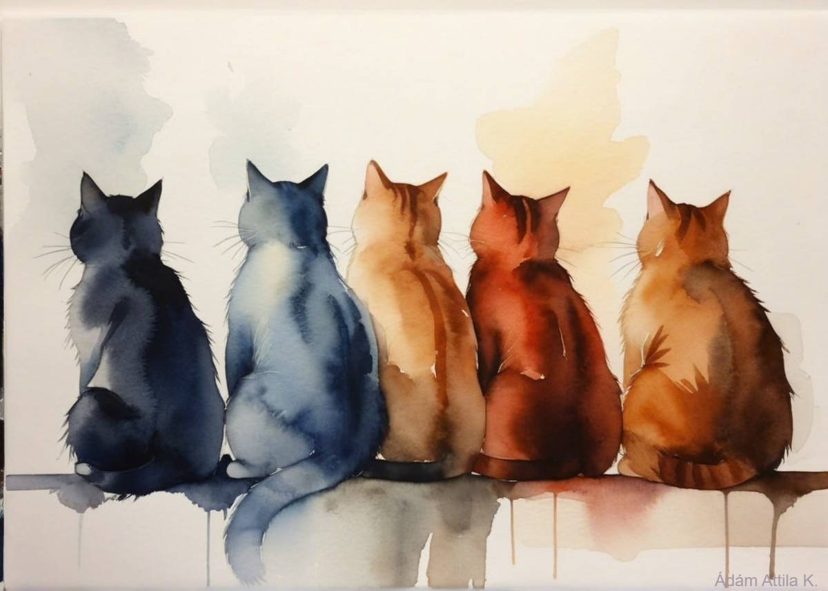 Watercolor Painting of Five Colorful Cats Sitting Together