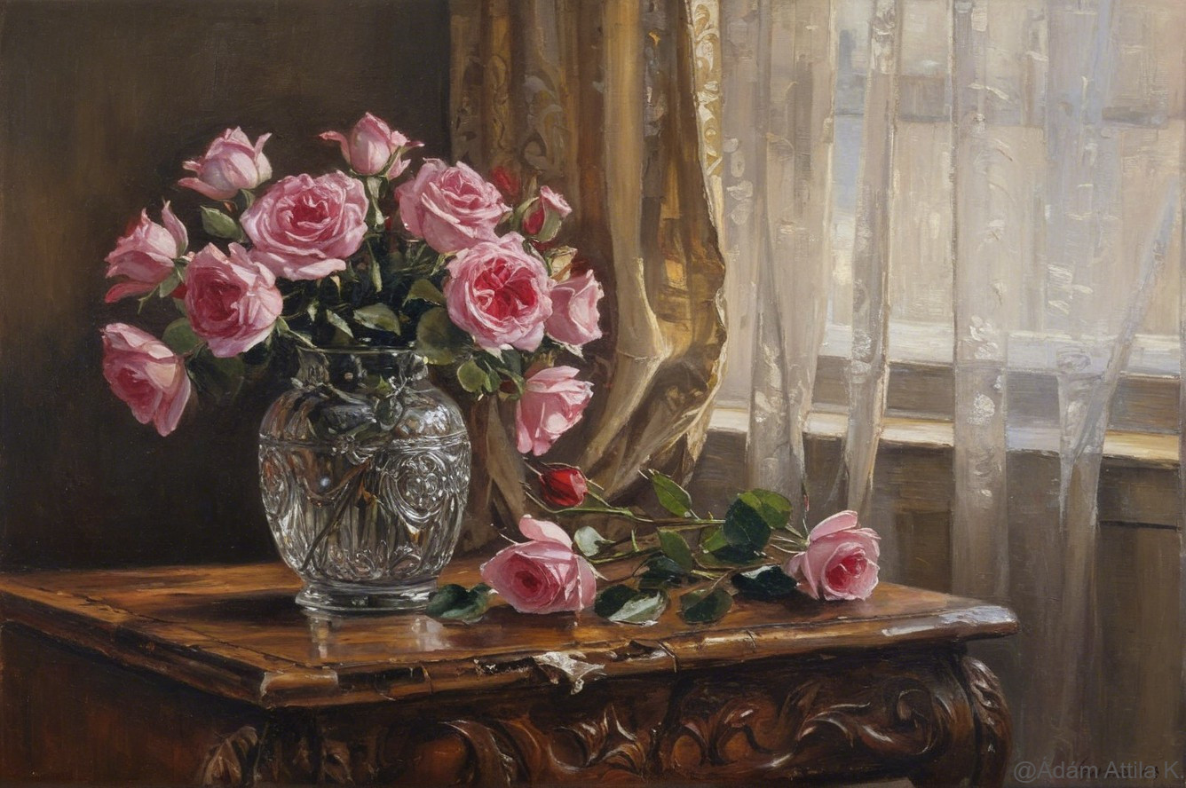Still Life of Pink Roses in a Glass Vase