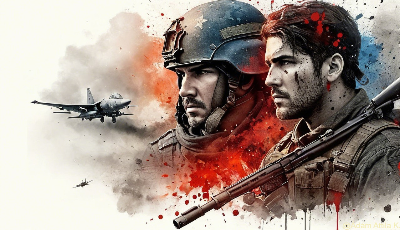 Soldiers in Intense Expressions Against Dramatic Background