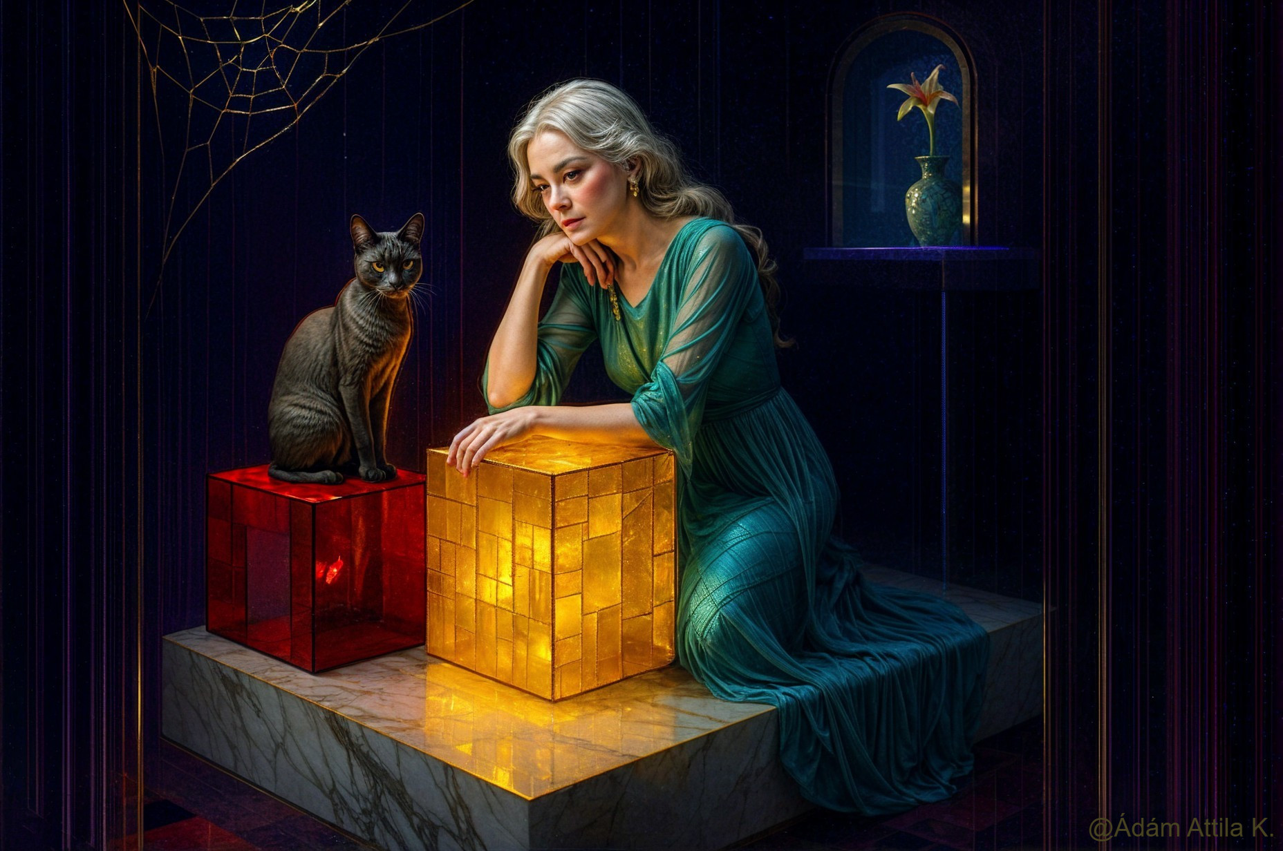 Contemplative Woman in Teal Dress with Cat and Cubes