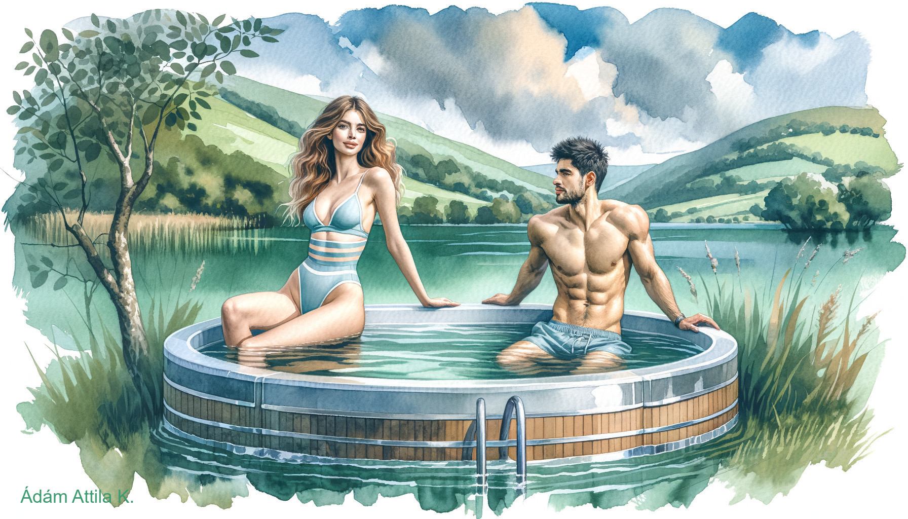 Couple in Wooden Hot Tub Amidst Serene Landscape