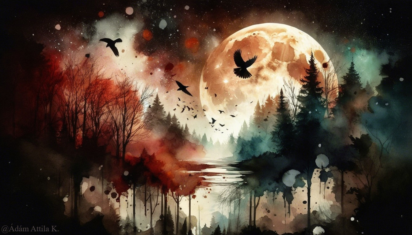 Surreal Landscape with Moonlit Forest and Birds