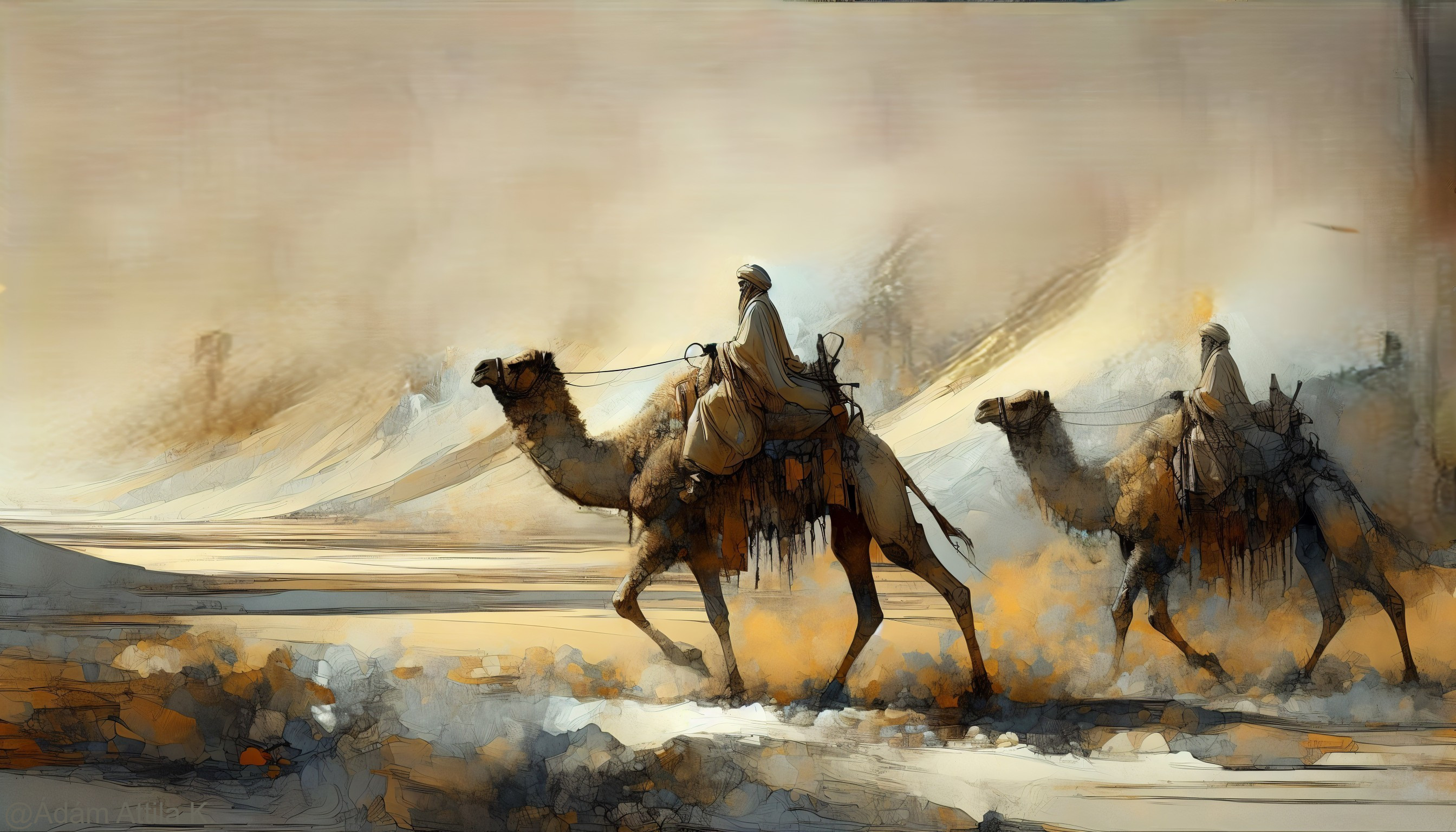 Silhouetted Figures Riding Camels in Desert Landscape