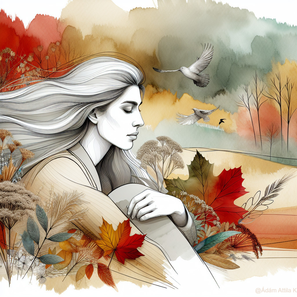 Portrait of a woman in autumn landscape with leaves