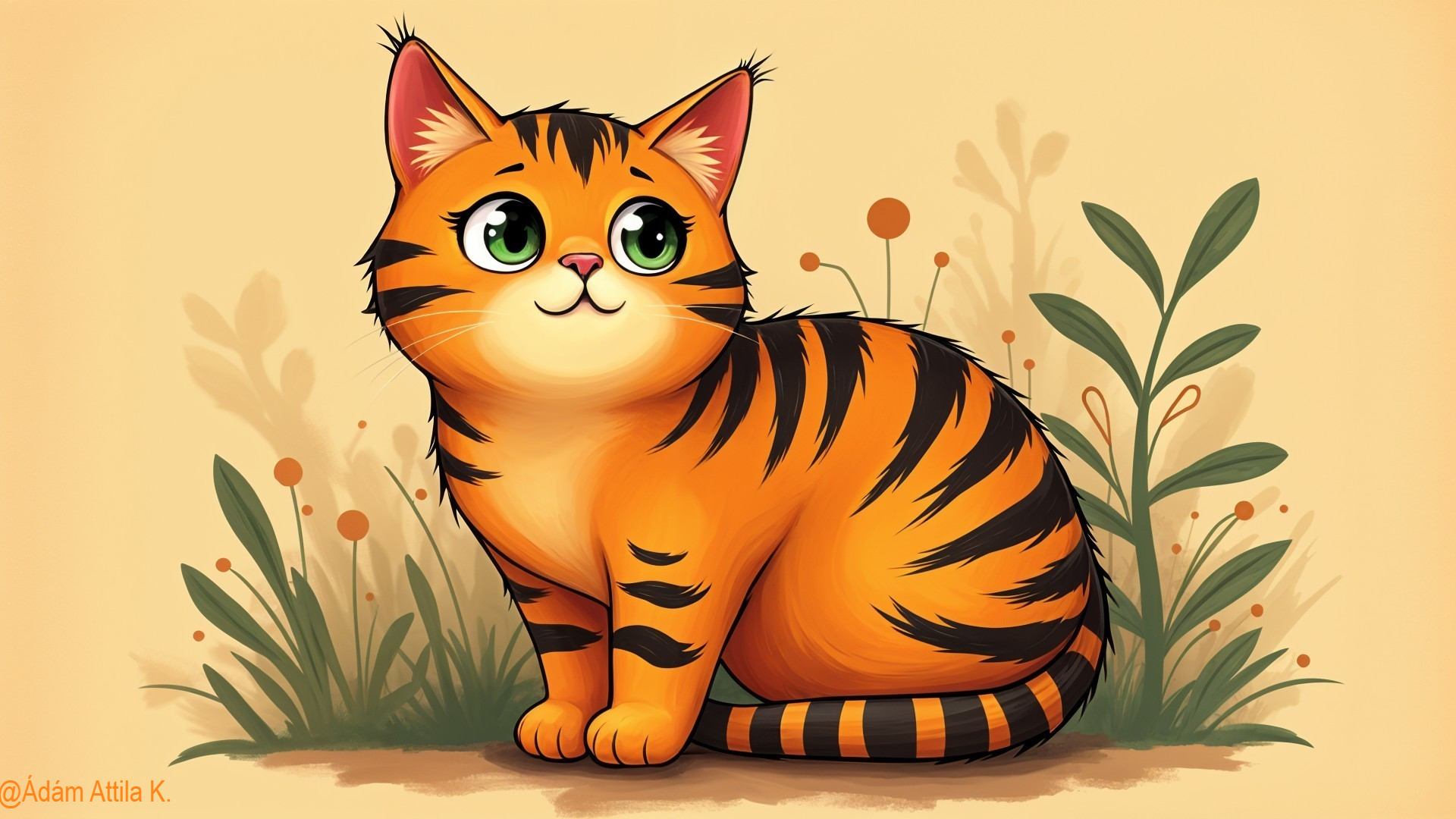 Cartoon Orange Tabby Cat in Whimsical Foliage