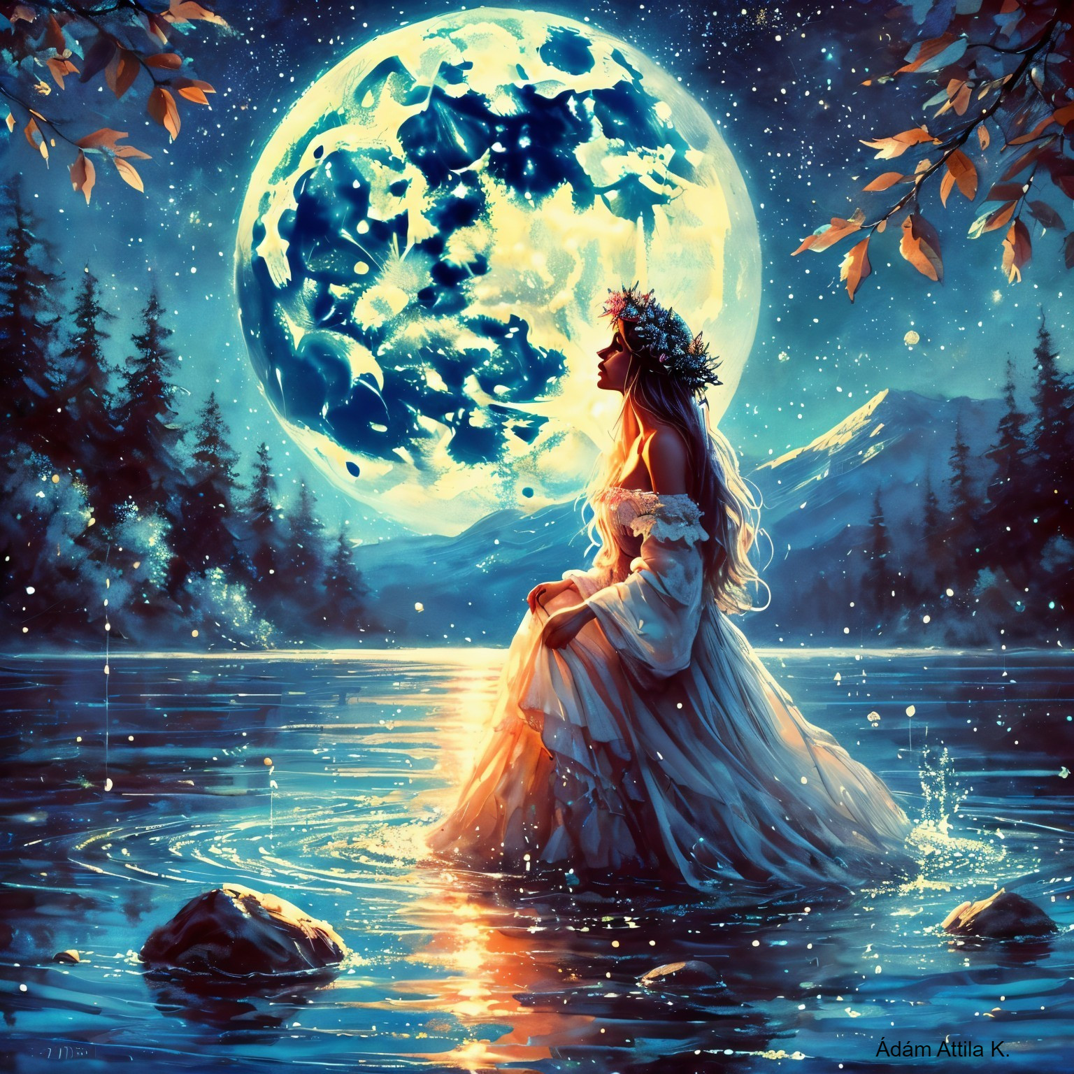 Woman in White Gown by Tranquil Lake at Night