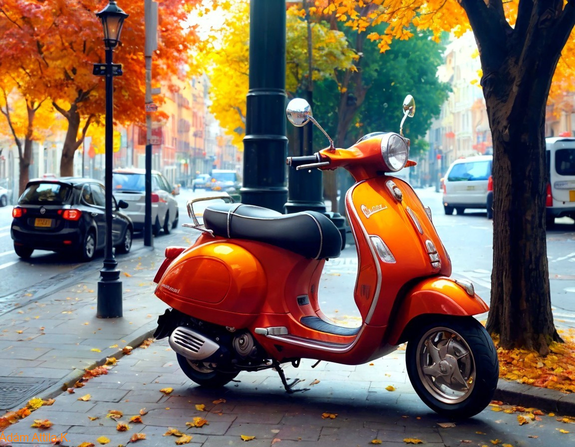 Orange Scooter by Lamppost on Tree-Lined Street