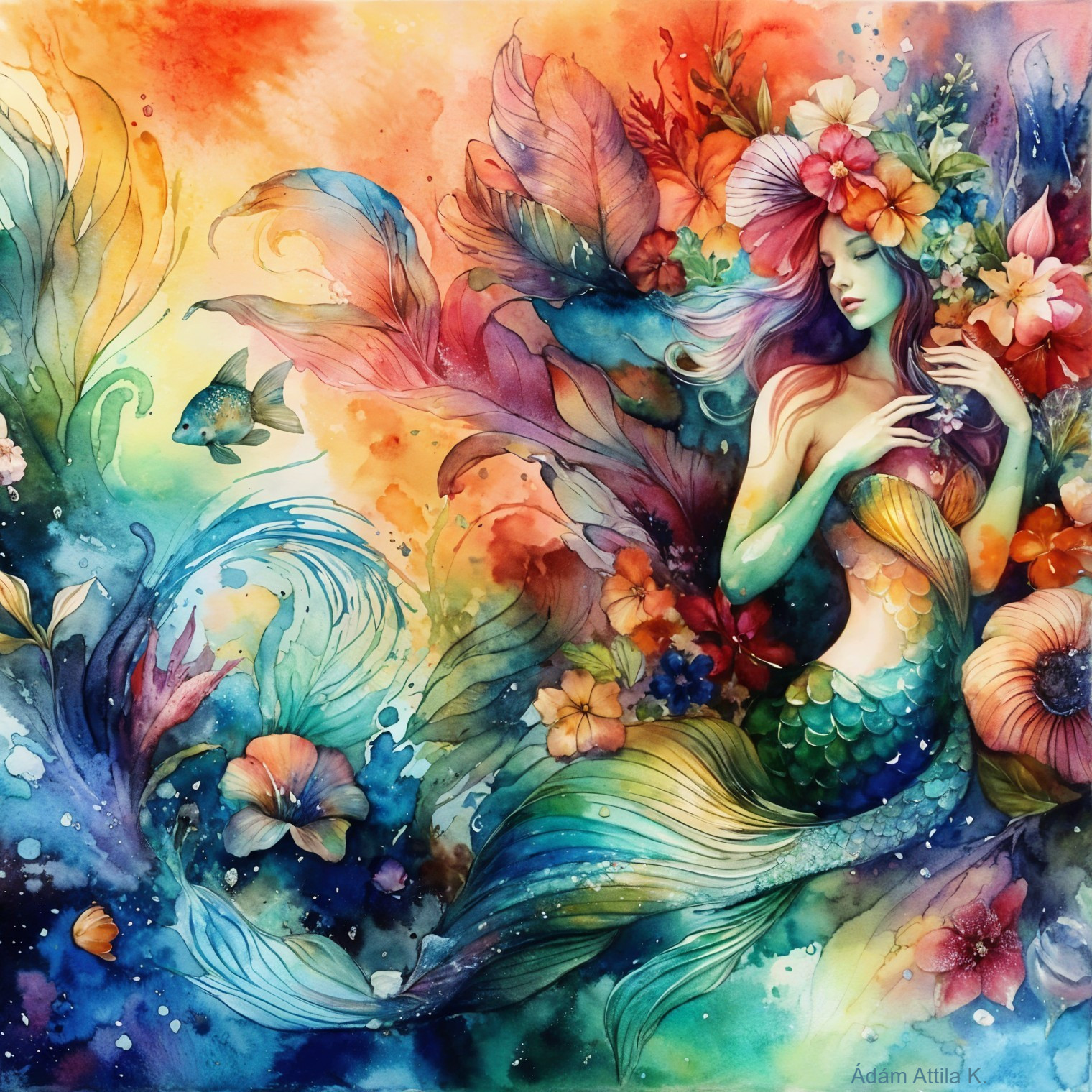 Vibrant Watercolor Mermaid Among Colorful Flowers