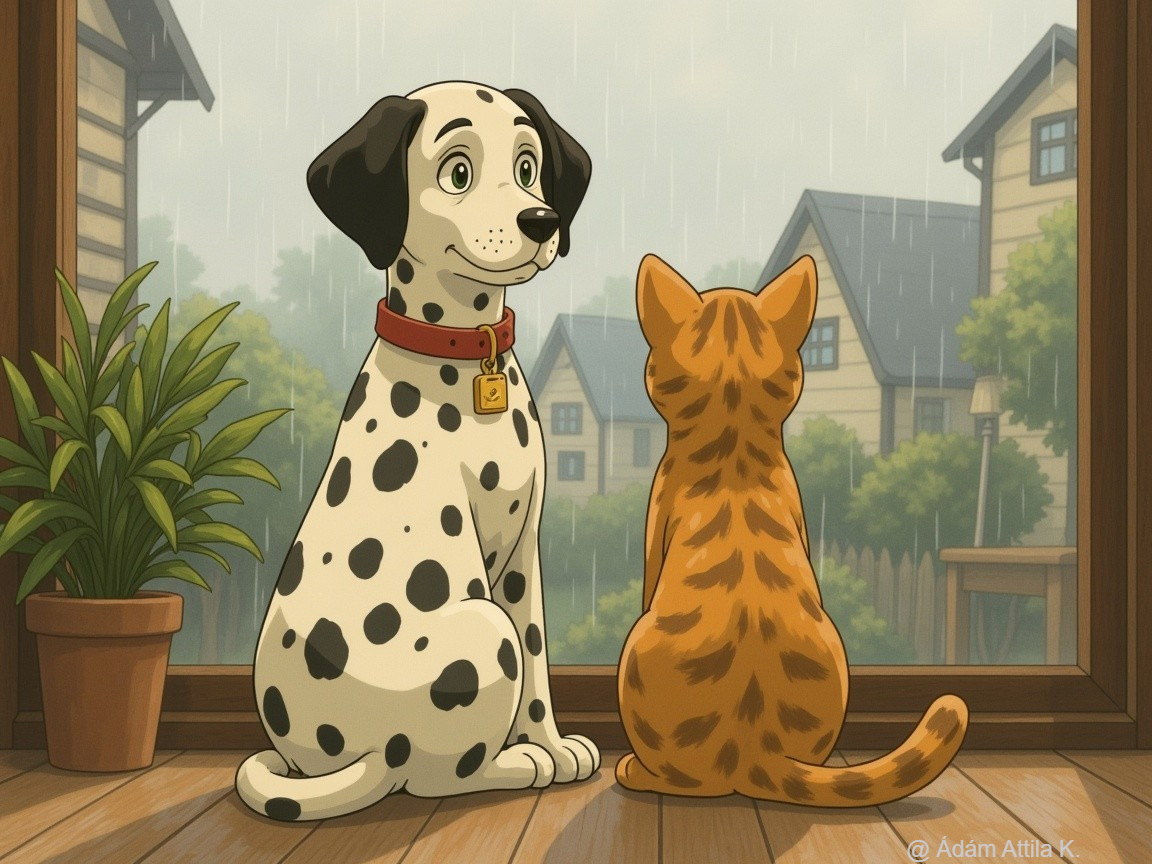 Cozy Room with Dalmatian and Tabby Cat on Rainy Day