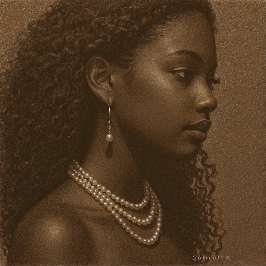 Young woman with voluminous curly hair and pearls