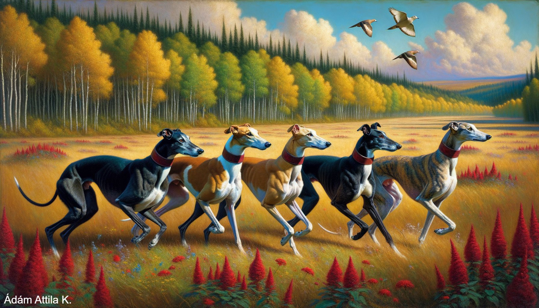Greyhounds Running in a Golden Flower Field