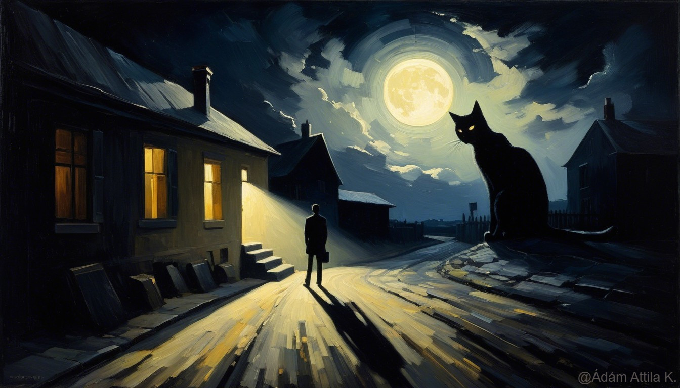 Solitary Figure on Moonlit Street with Black Cat Shadow