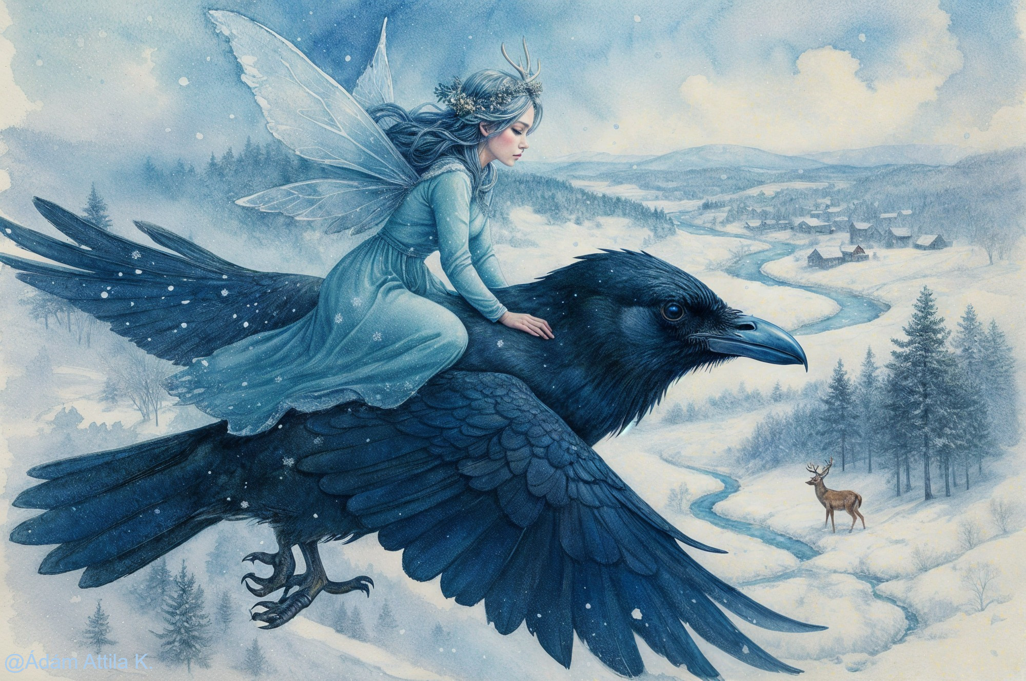 Whimsical Winter Landscape with Fairy and Raven