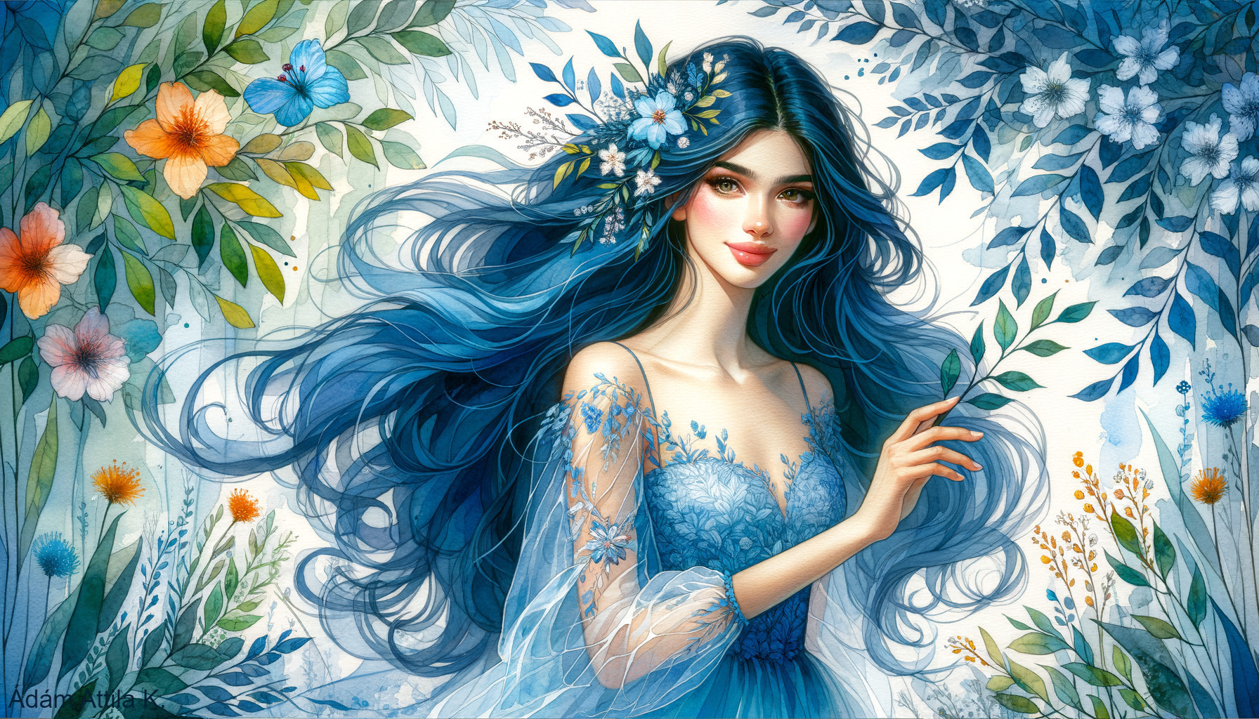 Young Woman with Blue Hair Surrounded by Flowers
