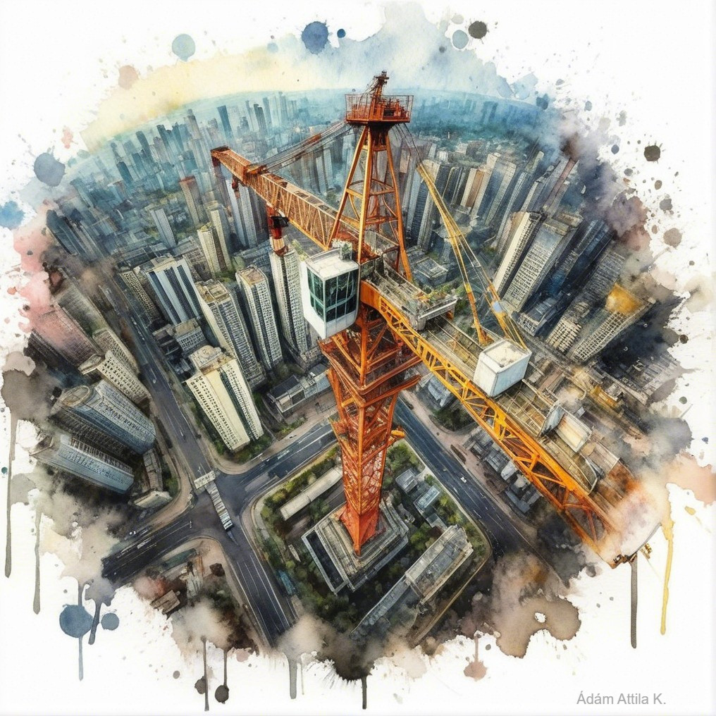Aerial Watercolor View of Urban Landscape with Crane