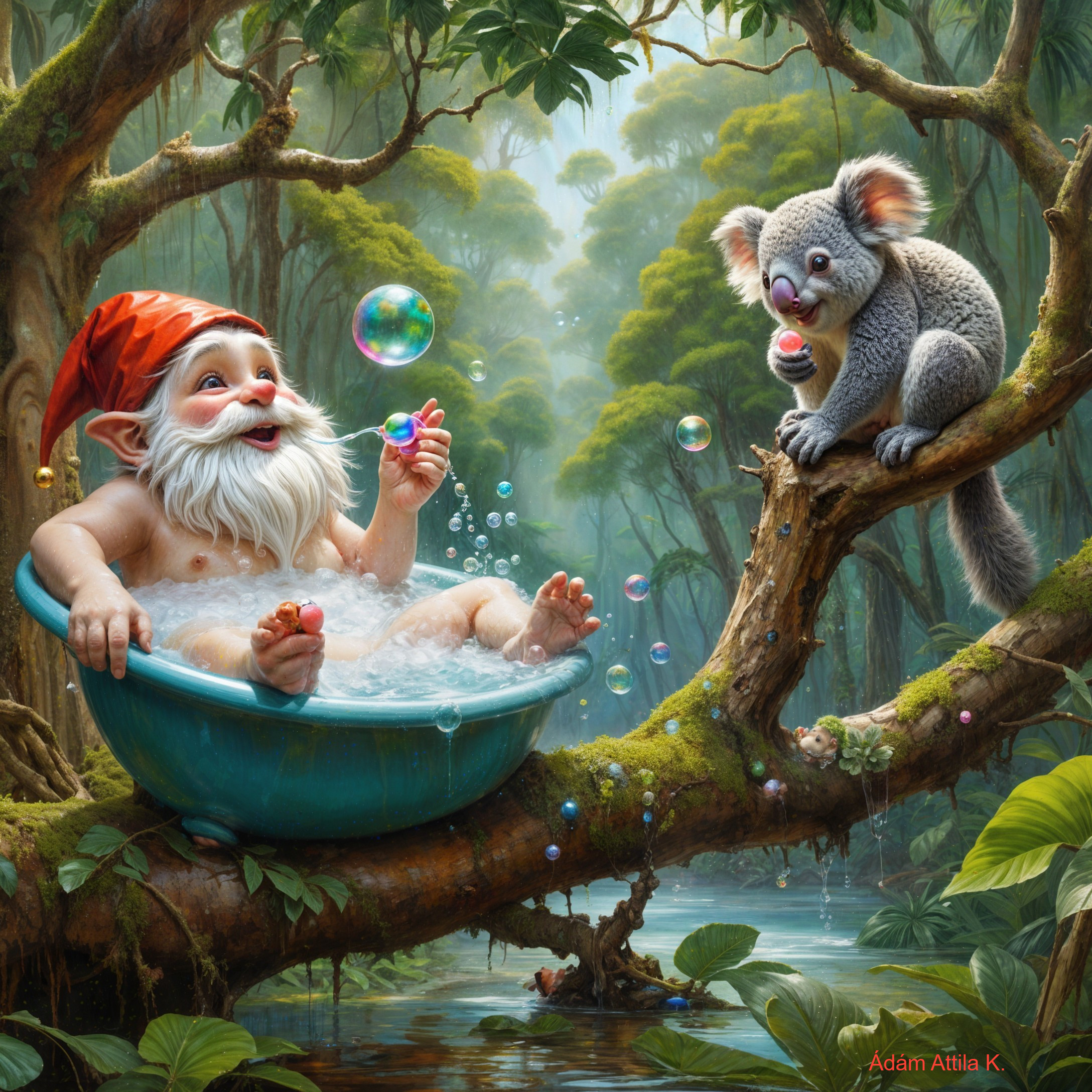 Gnome in Wooden Tub Surrounded by Nature and Koala