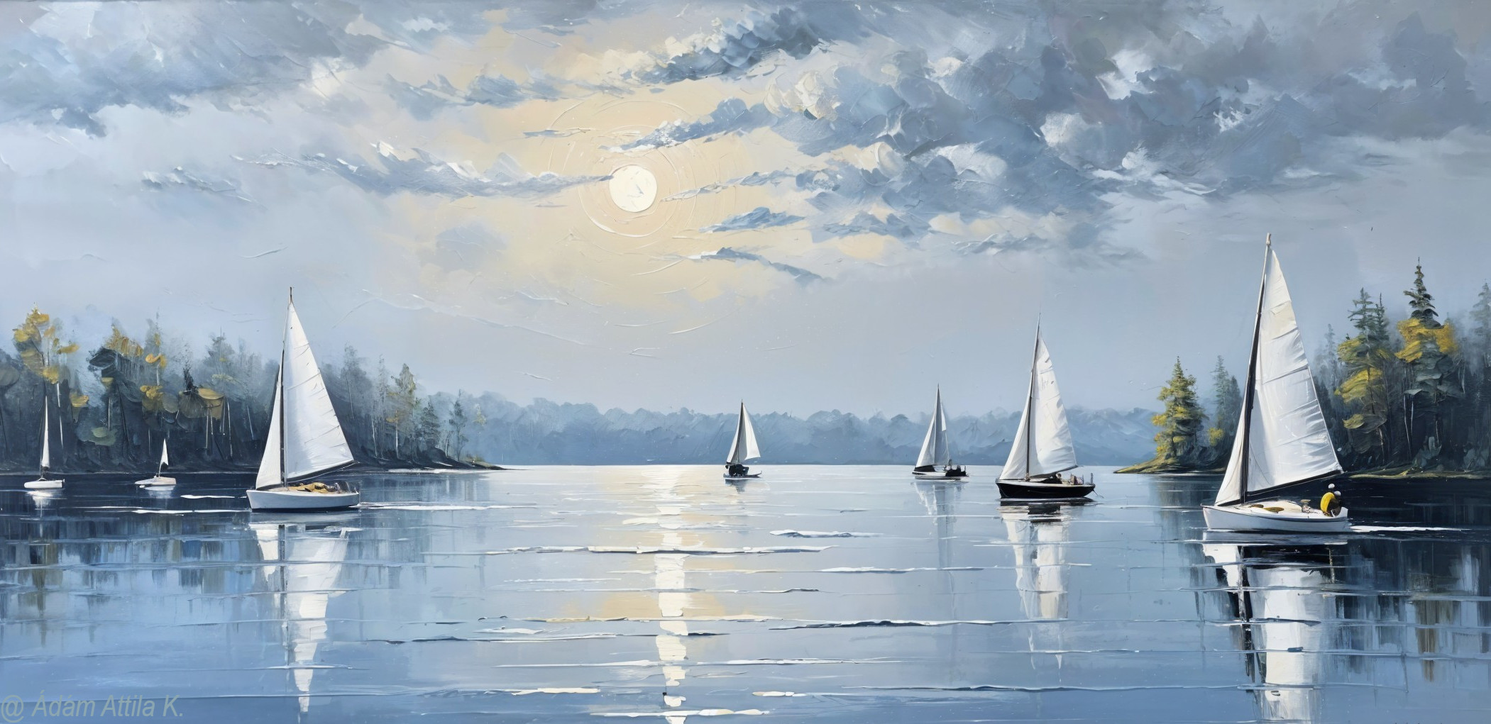 Serene Landscape with Sailboats and Sunset Reflections