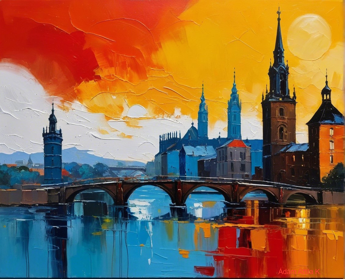 Vibrant Cityscape with Sunset and Reflective Water